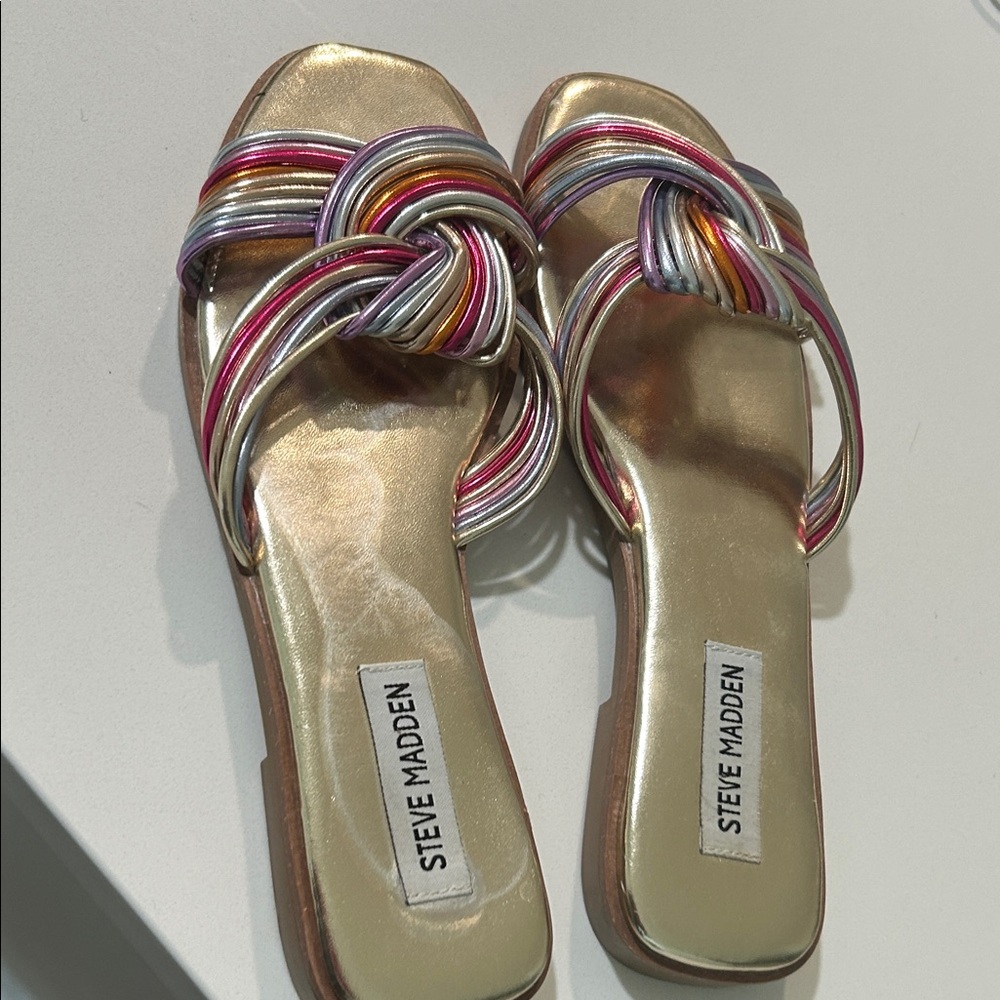 Steve Madden Multi-Stripe Knotted Gold Flat Sandals